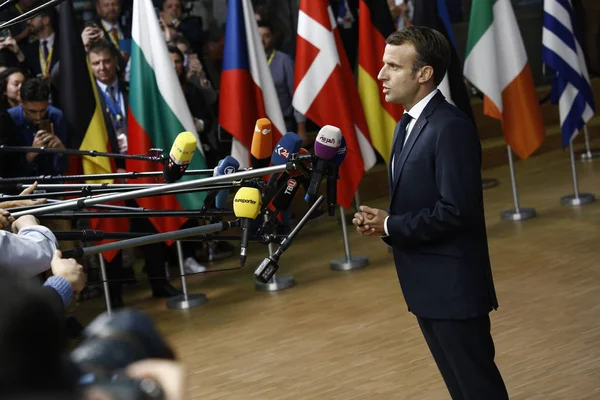 法国总统埃马纽埃尔·马克龙 - 欧盟理事会。布鲁塞尔， 贝尔吉乌 — 图库照片