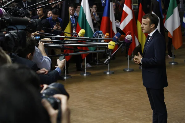 Presidente francés Emmanuel Macron - Consejo de la UE. Bruselas, Bélgica — Foto de Stock