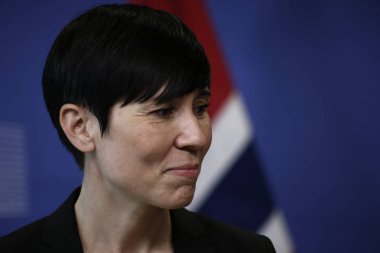 Brüksel,Belçika 20 Mart 2018. AB Dış Politika Yüksek Temsilcisi Federica Mogherini ve Norveç Savunma Bakanı Ine Marie Eriksen Soreide, Filistin için Uluslararası bağış grubunun yıllık bahar toplantısı öncesinde bir basın toplantısı düzenlediler.