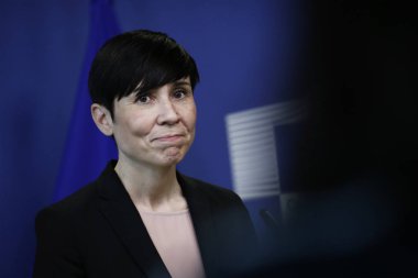 Brüksel,Belçika 20 Mart 2018. AB Dış Politika Yüksek Temsilcisi Federica Mogherini ve Norveç Savunma Bakanı Ine Marie Eriksen Soreide, Filistin için Uluslararası bağış grubunun yıllık bahar toplantısı öncesinde bir basın toplantısı düzenlediler.