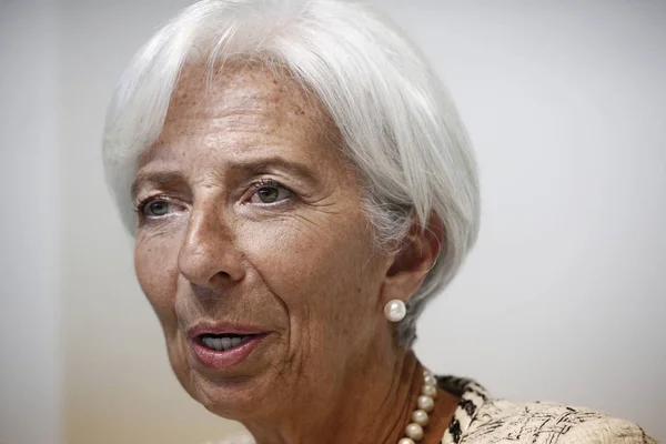Il direttore del FMI Christine Lagarde partecipa ad una conferenza stampa, L — Foto Stock