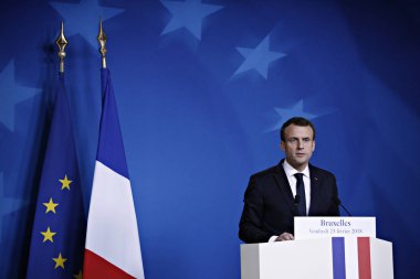 Brüksel, Belçika. 23 Şubat 2018. Emmanuel Macron, Avrupa Birliği zirvesi nin sonunda basın toplantısı düzenledi. 