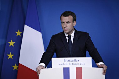 Brüksel, Belçika. 23 Şubat 2018. Emmanuel Macron, Avrupa Birliği zirvesi nin sonunda basın toplantısı düzenledi. 