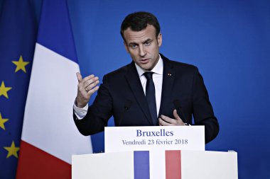 Brüksel, Belçika. 23 Şubat 2018. Emmanuel Macron, Avrupa Birliği zirvesi nin sonunda basın toplantısı düzenledi. 