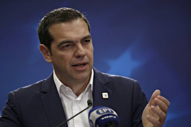 Brüksel, Belçika. 23 Şubat 2018. Yunanistan Başbakanı Aleksis Çipras, Ab zirvesi nin sonunda basın toplantısı düzenledi. 