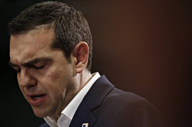 Brüksel, Belçika. 23 Şubat 2018. Yunanistan Başbakanı Aleksis Çipras, Ab zirvesi nin sonunda basın toplantısı düzenledi. 
