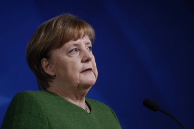Brüksel, Belçika. 23 Mart 2018. Almanya Başbakanı Angela Merkel ve Fransa Cumhurbaşkanı Emmanuel Macron, Avrupa Birliği (Ab) liderlerinin zirvesinin ikinci gününde basın toplantısı düzenledi. 