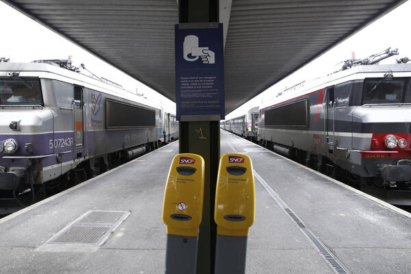 Paris,France Mar. 22,2018.French state owned railway company SNCF logo is pictured at Gare de Bercy railway station during a nationwide strike by French SNCF railway workers