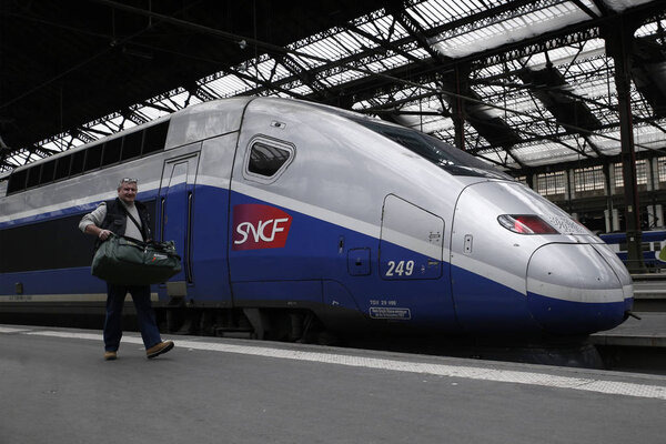 Paris, France Mar. 22 2018.A man walks on a platform after a commuter train arrived at Gare de Lyon railway station during a nationwide strike by French SNCF railway workers
