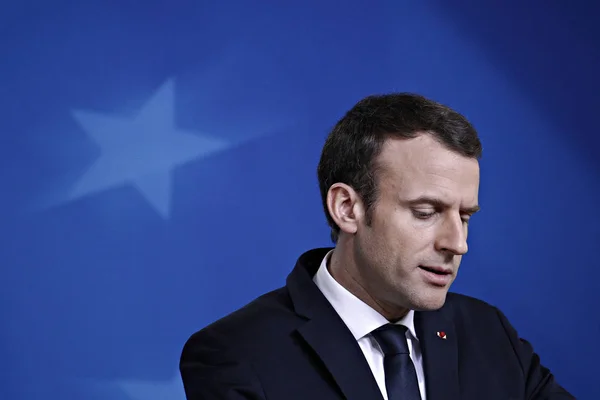 Bruksela Belgia Lutego 2018 Emmanuel Macron Udziela Konferencji Medialnej Zakończenie — Zdjęcie stockowe