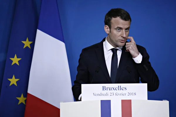 Brussel België Februari 2018 Emmanuel Macron Geeft Een Media Conferentie — Stockfoto