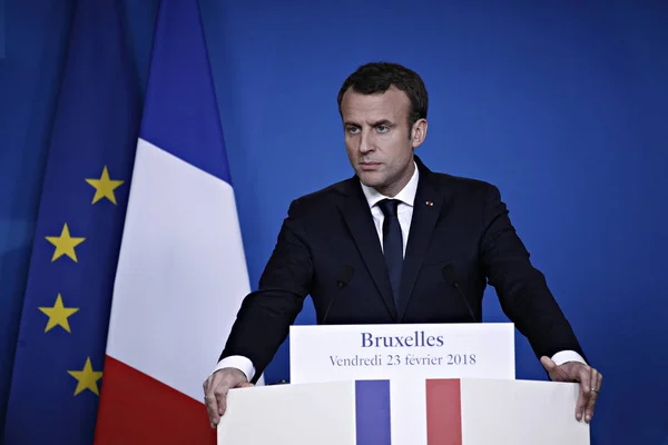 Brussel België Februari 2018 Emmanuel Macron Geeft Een Media Conferentie — Stockfoto