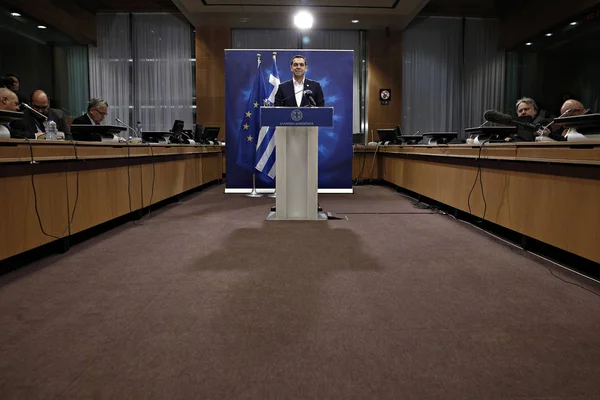Bruselas Bélgica Febrero 2018 Primer Ministro Griego Alexis Tsipras Una —  Fotos de Stock