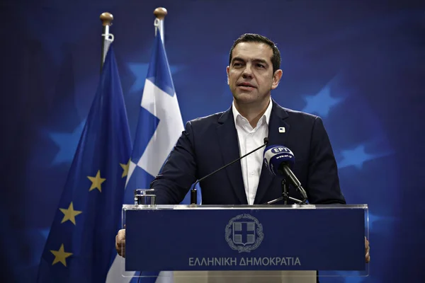 Bruksela Belgia Lutego 2018 Grecki Premier Alexis Tsipras Udziela Konferencji — Zdjęcie stockowe