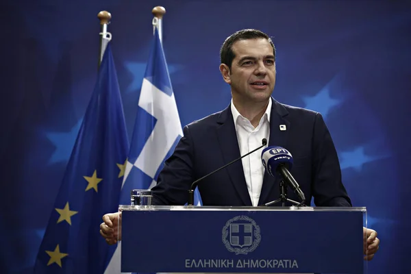 Bruksela Belgia Lutego 2018 Grecki Premier Alexis Tsipras Udziela Konferencji — Zdjęcie stockowe