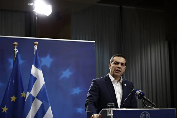 Bruksela Belgia Lutego 2018 Grecki Premier Alexis Tsipras Udziela Konferencji — Zdjęcie stockowe