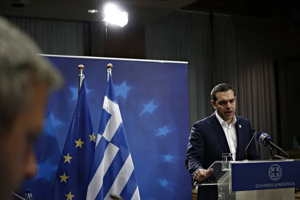 Bruselas Bélgica Febrero 2018 Primer Ministro Griego Alexis Tsipras Una — Foto de Stock