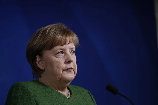 Brusel Belgie Března 2018 Německá Kancléřka Angela Merkelová Francouzský Prezident — Stock fotografie