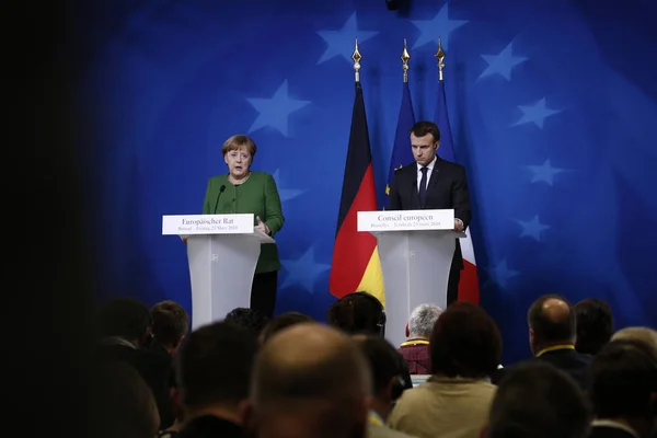 Bruxelas Bélgica Março 2018 Chanceler Alemã Angela Merkel Presidente Francês — Fotografia de Stock