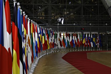 Brüksel, Belçika 25 Kasım 2018. Avrupa Konseyi binasında Avrupa üyesi bayrakları.