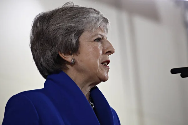 Brittisk premiär minister Theresa May talar under en press Confere — Stockfoto