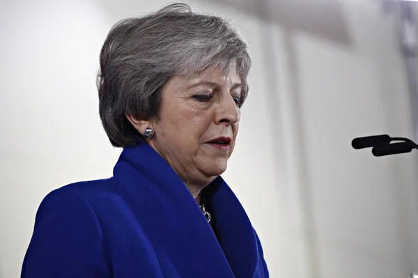 Brittisk premiär minister Theresa May talar under en press Confere — Stockfoto