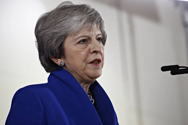 Brittisk premiär minister Theresa May talar under en press Confere — Stockfoto