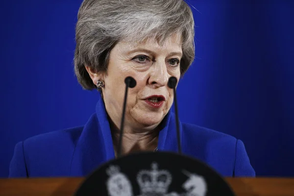 Brittisk premiär minister Theresa May talar under en press Confere — Stockfoto
