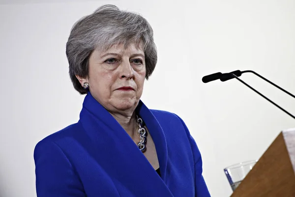 Премьер-министр Великобритании Тереза Мэй во время пресс-конференции — стоковое фото