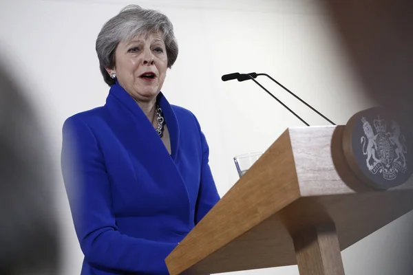 Brittisk premiär minister Theresa May talar under en press Confere — Stockfoto