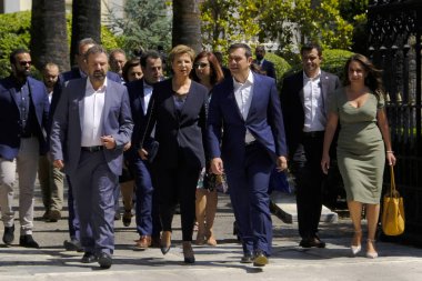Başbakan Alexis Tsipras, 29 Ağustos 2018 tarihinde Yunanistan'ın Başkenti Atina'daki Cumhurbaşkanlığı Sarayı'nda yeni atanan hükümet üyelerinin yemin törenine katılmak üzere geldi.