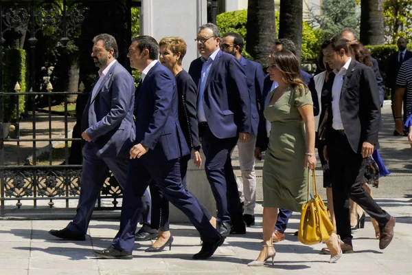 Başbakan Alexis Tsipras, 29 Ağustos 2018 tarihinde Yunanistan'ın Başkenti Atina'daki Cumhurbaşkanlığı Sarayı'nda yeni atanan hükümet üyelerinin yemin törenine katılmak üzere geldi.