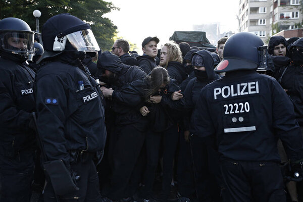 Tension between police and demonstrators who attend a protest against the G-20 summit in Hamburg, Germany on Jul. 7, 2017  