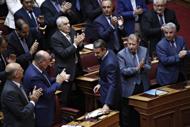 Yeni Demokrasi Başkanı Kyriakos Mitsotakis, Atina 'da Yunanistan Parlamentosu 'nun Genel Kurul salonunda 25 Eylül 2017 tarihinde bir tartışmaya katıldı