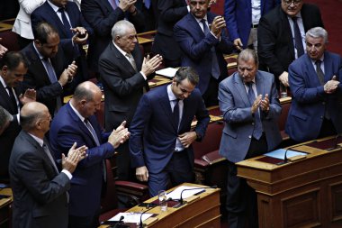 Yeni Demokrasi Başkanı Kyriakos Mitsotakis, Atina 'da Yunanistan Parlamentosu 'nun Genel Kurul salonunda 25 Eylül 2017 tarihinde bir tartışmaya katıldı