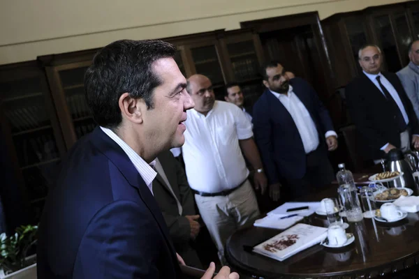 Encontro Entre Primeiro Ministro Grego Alexis Tsipras Partes Interessadas Norte — Fotografia de Stock