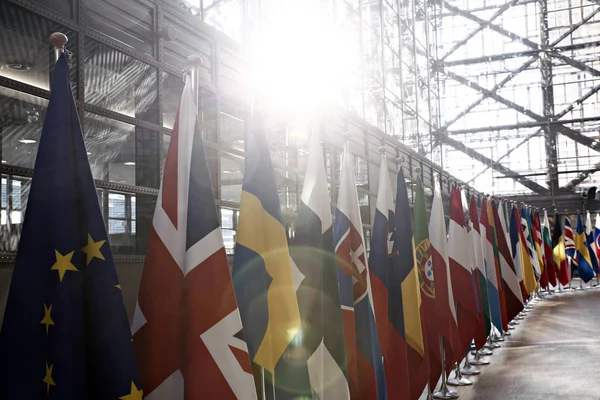Brüksel, Belçika 29 Nisan 2017. AB zirvesi sırasında AB Konseyi binasında AB bayrakları.