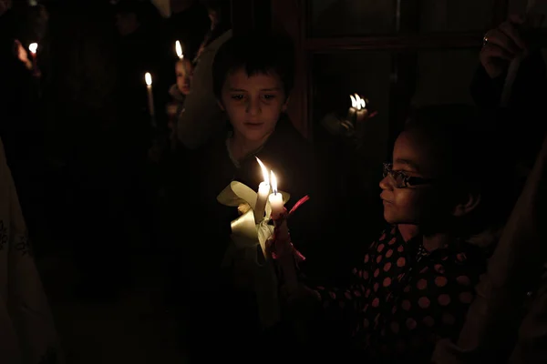 Orthodox Christian Worshiper Holds Candles Easter Vigil Mass Cathedral Archangels — Stock Photo, Image