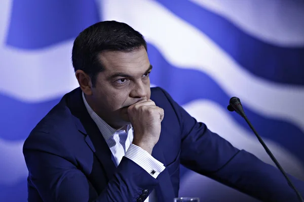 Řecký Premiér Alexis Tsipras Nabízí Tiskovou Konferenci Dne Thessaloniki Mezinárodní — Stock fotografie