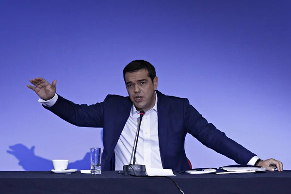 希腊总理亚历克西斯 齐普拉斯于2016年9月11日在希腊塞萨洛尼基举行的第81届塞萨洛尼基国际博览会新闻发布会上 — 图库照片