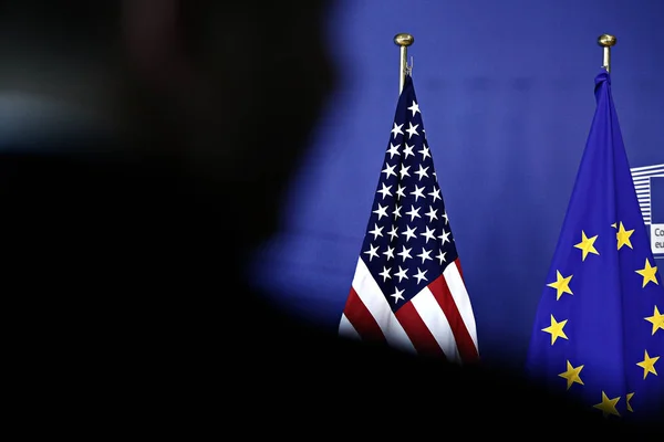 Flagi Usa Podczas Konferencji Medialnej Amerykańskiego Sekretarza Stanu Johna Kerry — Zdjęcie stockowe