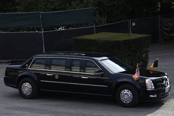 The US presidential limousine, known as 'the beast' outside in the Parc du Cinquantenaire during a working dinner of NATO members in Brussels, Belgium on Jul. 11, 2018.
