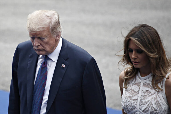 US President Donald Trump and First Lady of the US Melania Trump arrive for a working dinner at The Parc du Cinquantenaire in Brussels, Belgium on Jul. 11, 2018.