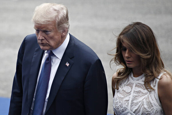 US President Donald Trump and First Lady of the US Melania Trump arrive for a working dinner at The Parc du Cinquantenaire in Brussels, Belgium on Jul. 11, 2018.