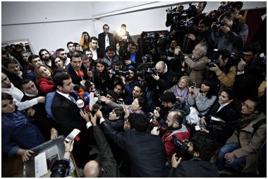 Co-leader of Turkey's pro-Kurdish Peoples' Democratic Party Selahattin Demirtas speaks to the press after casting his ballot in Istanbul, Turkey on Nov. 1, 2015 clipart