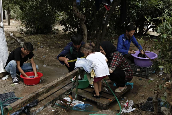 Refugiados Migrantes Campamento Improvisado Parque Pedion Tou Areos Donde Viven — Foto de Stock