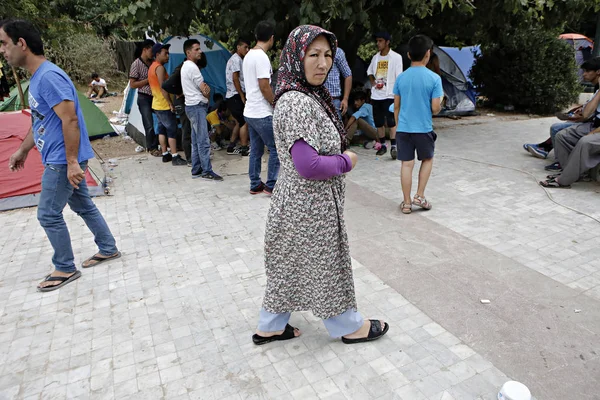 Refugiados Migrantes Acampamento Improvisado Parque Pedion Tou Areos Onde Cerca — Fotografia de Stock