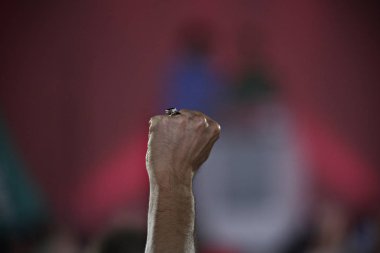 Syriza left-wing party leader and former Prime Minister Alexis Tsipras gestures as he delivers a pre-election speech to his supporters at Syntagma square in central Athens, Friday, Sept. 18, 2015. clipart