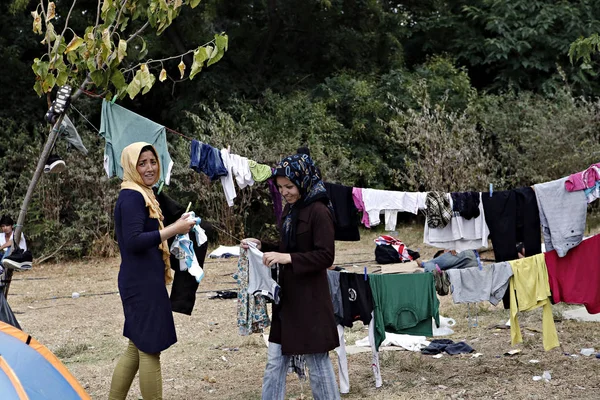 Rifugiati Migranti Campo Improvvisato Nel Parco Pedion Tou Areos Dove — Foto Stock