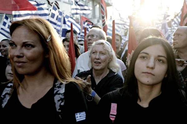 Vezetője Szélsőjobboldali Golden Dawn Party Nikolaos Mihaloliakos Szállít Beszédet Során — Stock Fotó